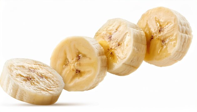 flying banana slices isolated on white background