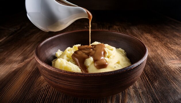 pouring gravy onto mashed potatoes in rustic bowl