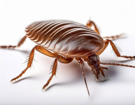 detailed macro close up shot of a brown flea insect isolated on a plain white background for pest control and biology concepts
