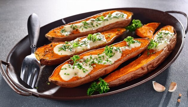 roasted sweet potato with garlic butter and herbs