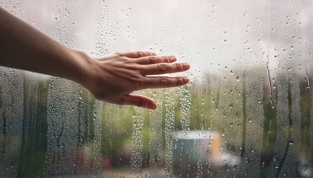 hand reaching out to touch rain through an open window