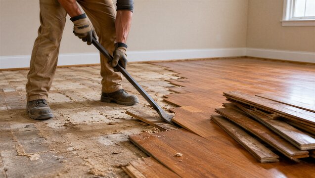 Worker removing old hardwood planks in an empty room, concept of floor replacement, demolition work and residential renovation service.