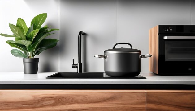 a modern kitchen countertop with black appliances modern faucet over black sink and a potted plant a pot with a lid on an induction stove over electric oven built in wooden cabinet