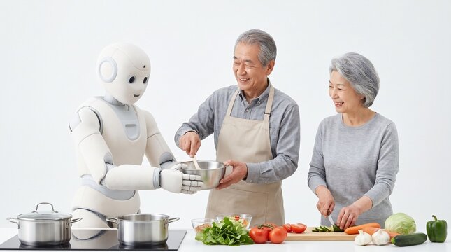 An elderly Japanese couple cooking together in the kitchen with the help of a humanoid robot assistant.