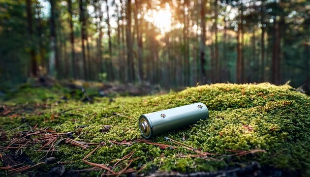 discarded battery in a forest on the ground
