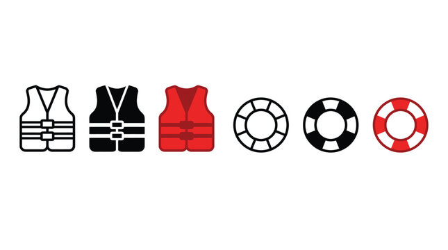 Minimalist vector illustration of red and black life jackets and life buoys for maritime safety