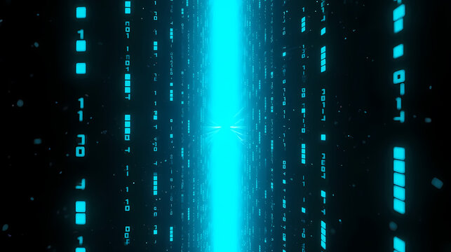 Cyan binary code falling in dark space