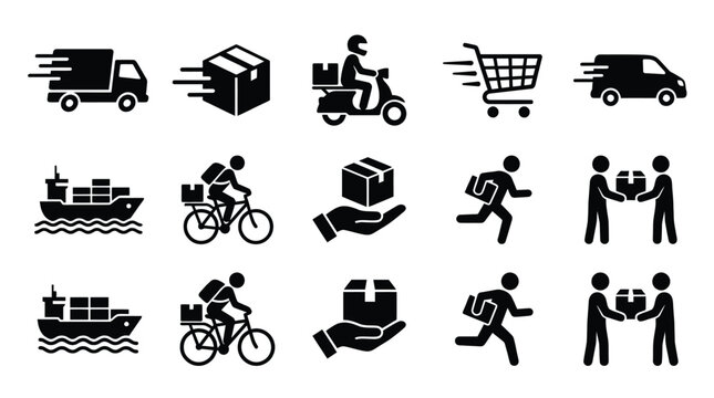 A set of black vector icons representing various methods for shipping and fast package delivery