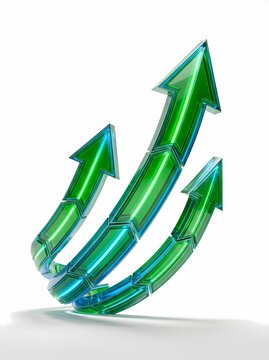 Three green glass arrows pointing upwards in a spiral motion symbolizing growth and progress