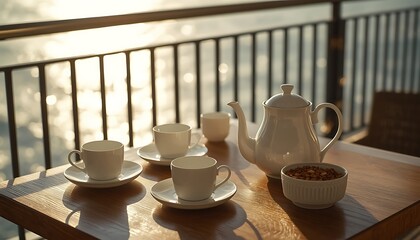 Obraz premium Tea cups and teapot on a wooden table by a sunny balcony overlooking water