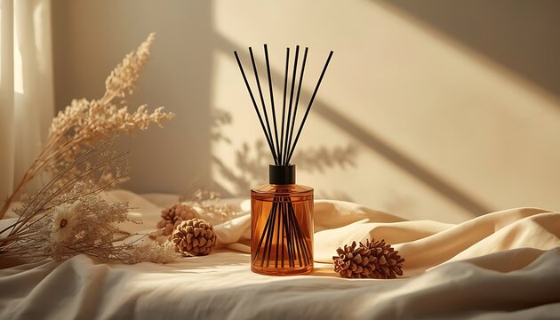 Aromatherapy reed diffuser with sticks on a table with pine cones and dried flowers