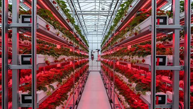 Vertical farm with rows of plants under red led grow lights in a modern greenhouse with metal shelving and glass roof