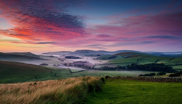 Misty Pink Sunrise Over Eildon Hills Galashiels Scottish Borders