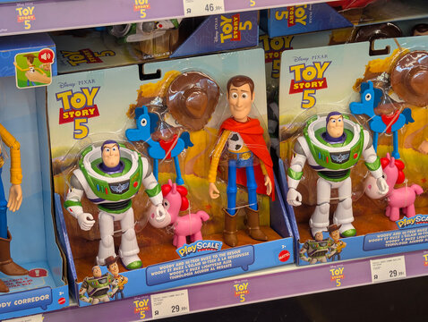 Palma de Mallorca, Spain - June 20, 2026: Toy Story 5 Woody and Buzz Lightyear 2-pack action figures on Toys R Us store shelf. Mattel, Disney Pixar, commercial display, movie merchandise, pop culture.