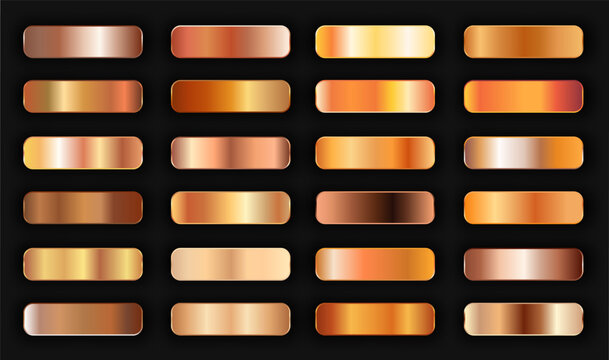 Realistic bronze golden gradient texture pack 24 in 1. Fill and stroke effects. Shiny gold copper metal foil gradient set. Metallic shiny buttons with shadows. Vector illustration