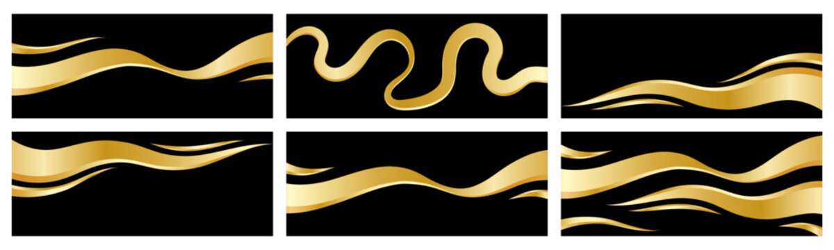 Golden wave ribbon abstract isolated on black background pack 6 in 1. Metallic gold gradient. Shiny metal frame. Vector illustration