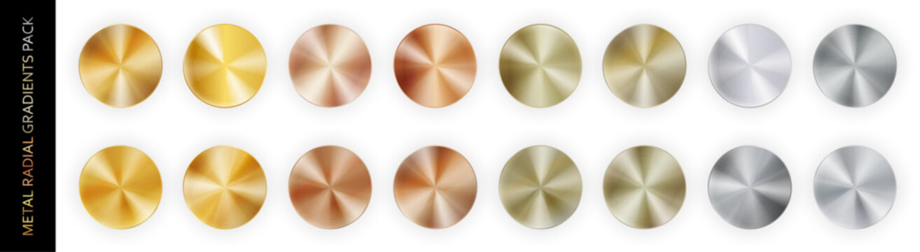Radial realistic radial gradient chrome metal big pack isolated on white background with shadows. Golden, bronze, copper, aluminium, nikel and silver circle button or award medal set. Vector illustrat
