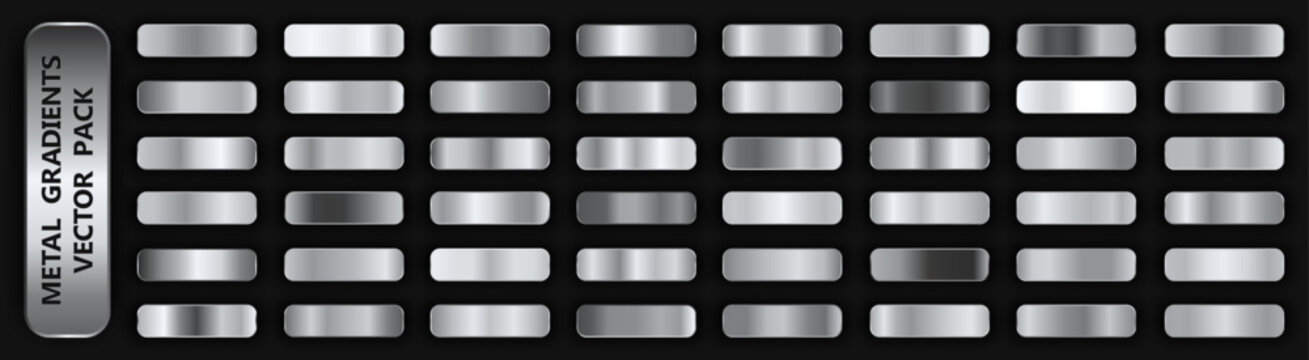 Realistic metal gradient texture pack 48 in 1. Fill and stroke effects. Shiny metal foil gradient set - silver, aluminium, steel, platinum. Silver buttons with shadows. Vector illustration