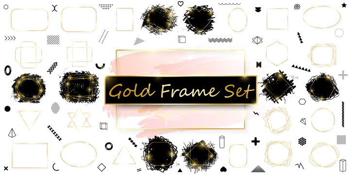 Mega pack of gold shiny glowing frames isolated on white background. Grunge style with memphis. Pack of luxury realistic square, rectangle, round, oval, triangle borders. Decorative Christmas golden l