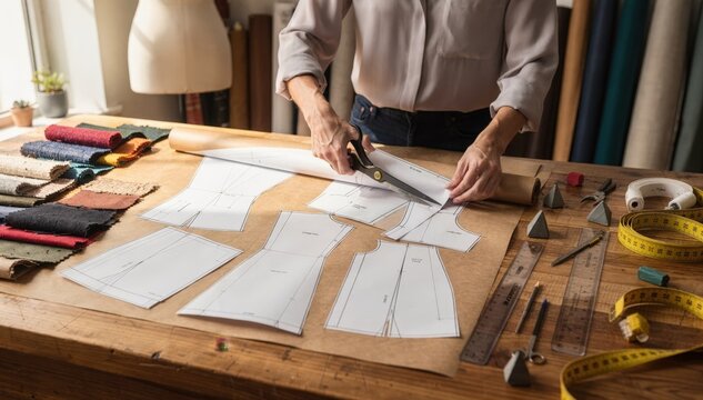 Medium shot of a designer folding and cutting an Aline dress pattern on a large wooden table surrounded by fabric swatches and drafting tools.