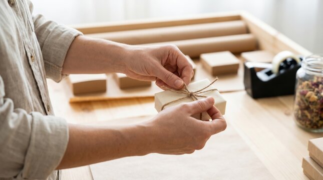 Person tying a rustic twine bow around a paper wrapped package on a wooden table
