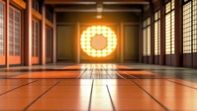 This captures the serene and spacious interior of a traditional Japanese temple hall, characterized by its tatami floors, shoji screens, and a large circular emblem at the end.
