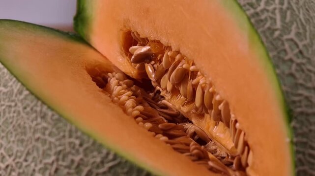 Sliced sweet cantaloupe melon revealing its inner seeds