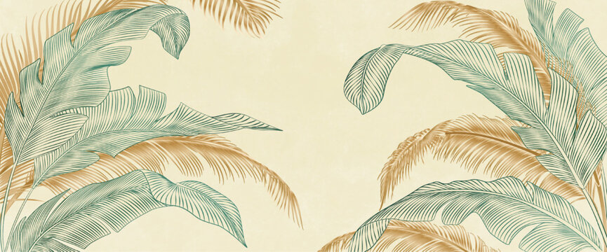 Premium background with hand-drawn tropical leaves in line art style. Luxury botanical banner for decor, prints, posters, textiles, wallpaper, packaging, and interior design.