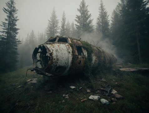 Abandoned airplane fuselage covered in moss amidst foggy forest landscape with tall pine trees