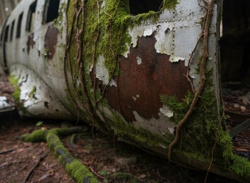Abandoned airplane fuselage covered in moss and vines, nestled in a dense forest with soft natural lighting