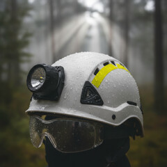 Fototapeta premium Close-up of a safety helmet with a headlamp and protective goggles in a misty forest with sunlight rays