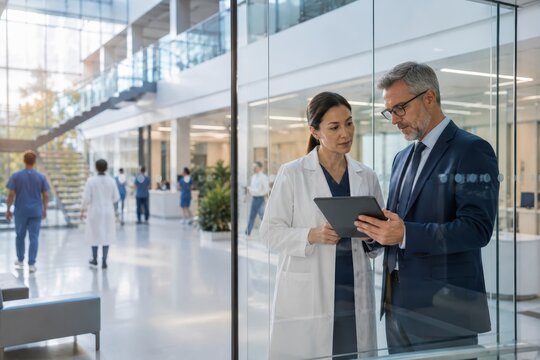 Hospital executive and clinical leader reviewing strategy in glass atrium