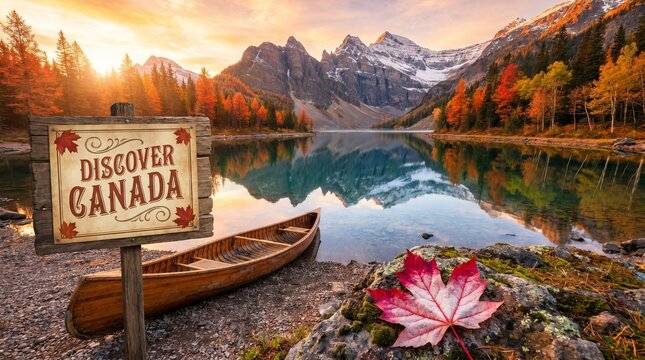 Scenic autumn landscape of Moraine Lake in Canada with a wooden canoe and a sign.