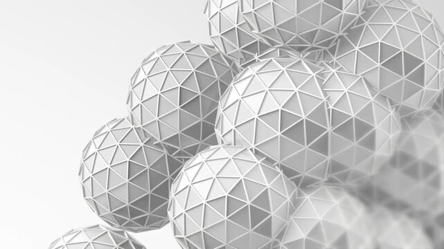  Resumen Grupo de esferas geod&eacute;sicas blancas Fondo geom&eacute;trico de bucle 3D. Grupo animado de esferas geod&eacute;sicas blancas con malla triangular geom&eacute;trica. Representaci&oacute;n 3D abstracta y limpia, bucle.