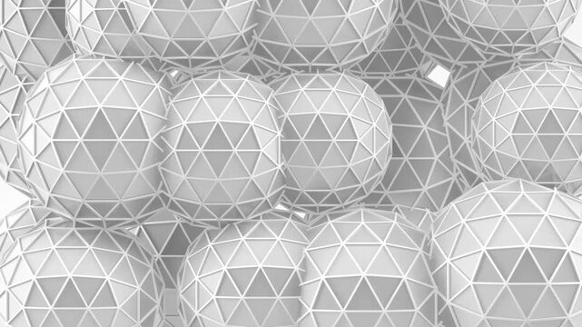 Fondo Esferas Geod&eacute;sicas Blancas Tri&aacute;ngulos Geom&eacute;tricos Fondo de Bucle 3D. Esferas geod&eacute;sicas blancas animadas con malla triangular geom&eacute;trica. Representaci&oacute;n 3D abstracta y limpia, bucle