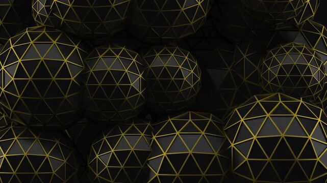  Esferas oscuras L&iacute;neas doradas Escalado giratorio Bucle 3D abstracto. Esferas oscuras animadas con l&iacute;neas doradas que giran y cambian de tama&ntilde;o. Render 3D abstracto de lujo, bucle de movimiento.