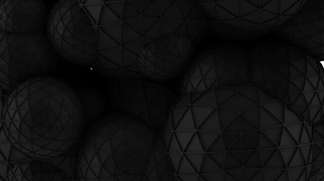 Fondo Esferas Geod&eacute;sicas Negras Tri&aacute;ngulos Geom&eacute;tricos Fondo de Bucle 3D. Esferas geod&eacute;sicas negras animadas con patrones de tri&aacute;ngulos geom&eacute;tricos. Representaci&oacute;n 3D abstracta oscura, bucle