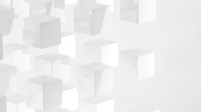  Cubos blancos abstractos, flotantes y giratorios, con fondo de bucle 3D limpio. Cubos negros animados que giran y flotan sobre un fondo oscuro. Representaci&oacute;n 3D abstracta oscura m&iacute;nima, bucle