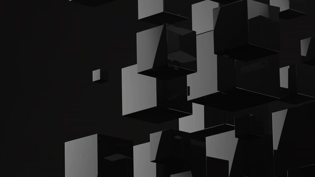  Cubos negros brillantes abstractos girando de cerca en un bucle 3D oscuro. Cierre de cubos negros brillantes girando sobre un fondo oscuro. Render 3D abstracto oscuro de primera calidad