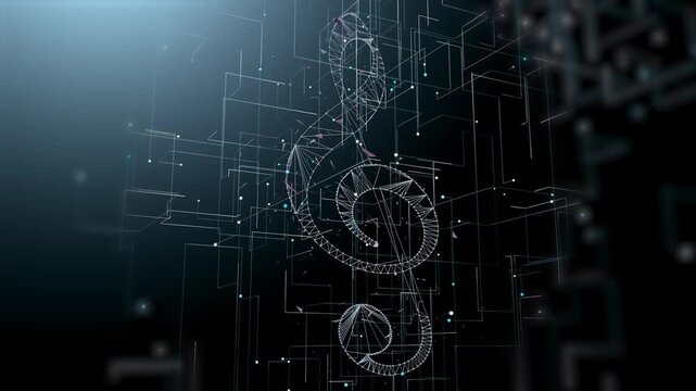  Tecnolog&iacute;a de red de clave de sol de m&uacute;sica digital Fondo 3D abstracto. Clave de sol digital animada con conexiones de red tecnol&oacute;gica sobre fondo oscuro. Concepto musical, render 3D abstracto.