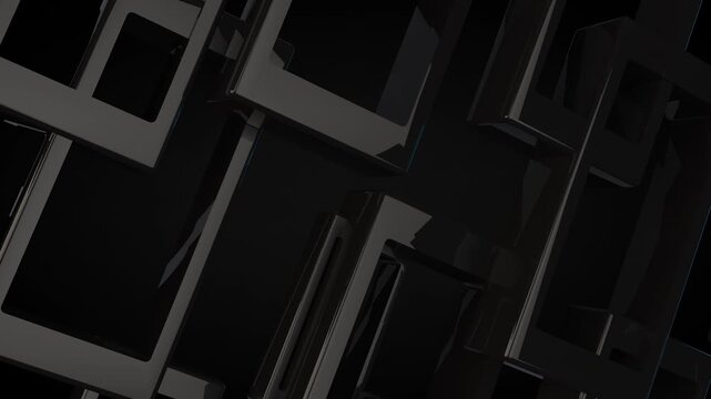  Bucle 3D flotante en movimiento con formas geom&eacute;tricas en negro oscuro abstracto. Formas y estructuras geom&eacute;tricas en negro oscuro animadas que flotan en movimiento. Render 3D abstracto, bucle oscuro