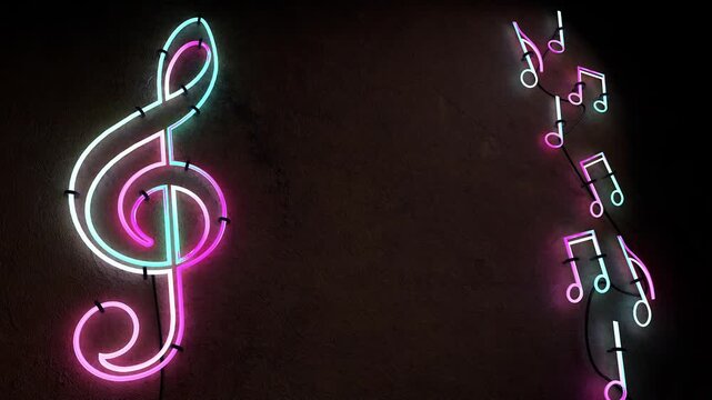  Notas musicales de clave de sol rosa ne&oacute;n con fondo oscuro brillante. Clave de sol rosa ne&oacute;n animada con notas musicales flotantes. Fondo musical vibrante, bucle 3D sin fisuras.