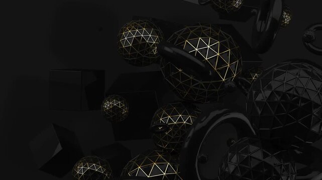  Formas geom&eacute;tricas abstractas oscuras Esferas de estructura al&aacute;mbrica de oro Bucle flotante. Formas geom&eacute;tricas oscuras animadas mixtas con esferas de estructura al&aacute;mbrica de oro flotantes. Render 3D