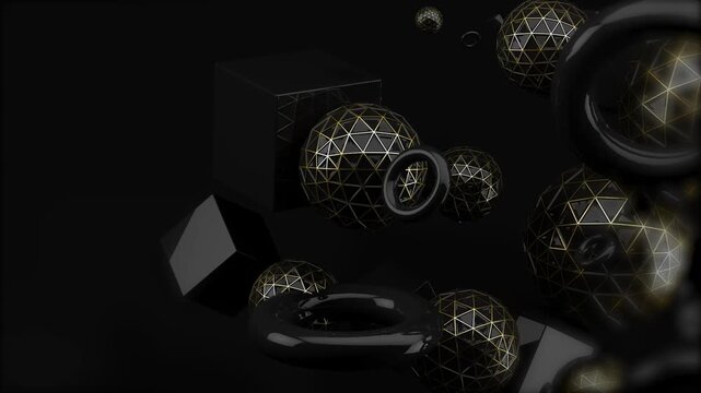  Esferas de estructura al&aacute;mbrica de oro oscuro Formas geom&eacute;tricas negras Bucle 3D.Esferas de estructura al&aacute;mbrica de oro animadas mezcladas con formas geom&eacute;tricas oscuras flotantes.Render 3D abstracto