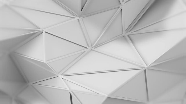  Primer plano de paneles triangulares blancos de baja poli ondulando en bucle 3D. Primer plano extremo de paneles triangulares blancos de baja poli con movimiento ondulante suave. Representaci&oacute;n 3D