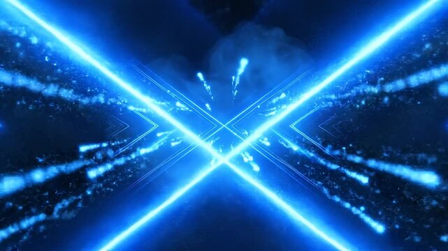 Abstract blue neon light streaks and particles motion background