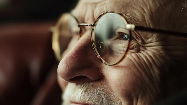 Close-up of a wise and contemplative senior with glasses looking off into the distance. Soft focus in background.