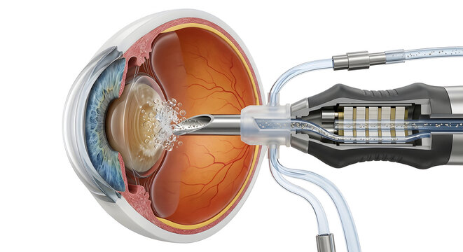Highly Detailed 3D Render of Phacoemulsification Cataract Surgery and Eye Anatomy, Suitable for Science Education, Isolated on a White Background