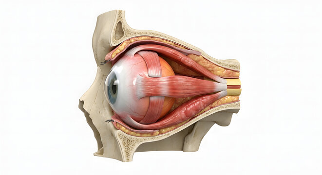 Detailed 3D Anatomy of Human Eye Showing Thyroid Orbitopathy and Exophthalmos, Suitable for Science Education, Isolated on a White Background