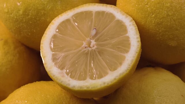 Close-up display of halved fresh yellow lemons